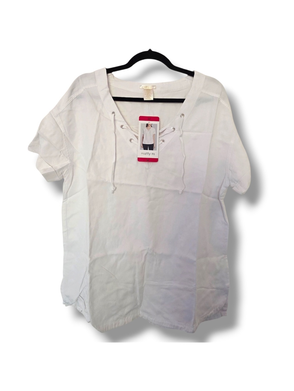 Matty M women’s white short-sleeve lace-up V-neck blouse Medium - Picture 2 of 6